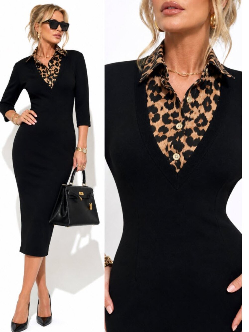 St. John Black Bodycon Sheath Dress Leopard Collar Career Core Size 6